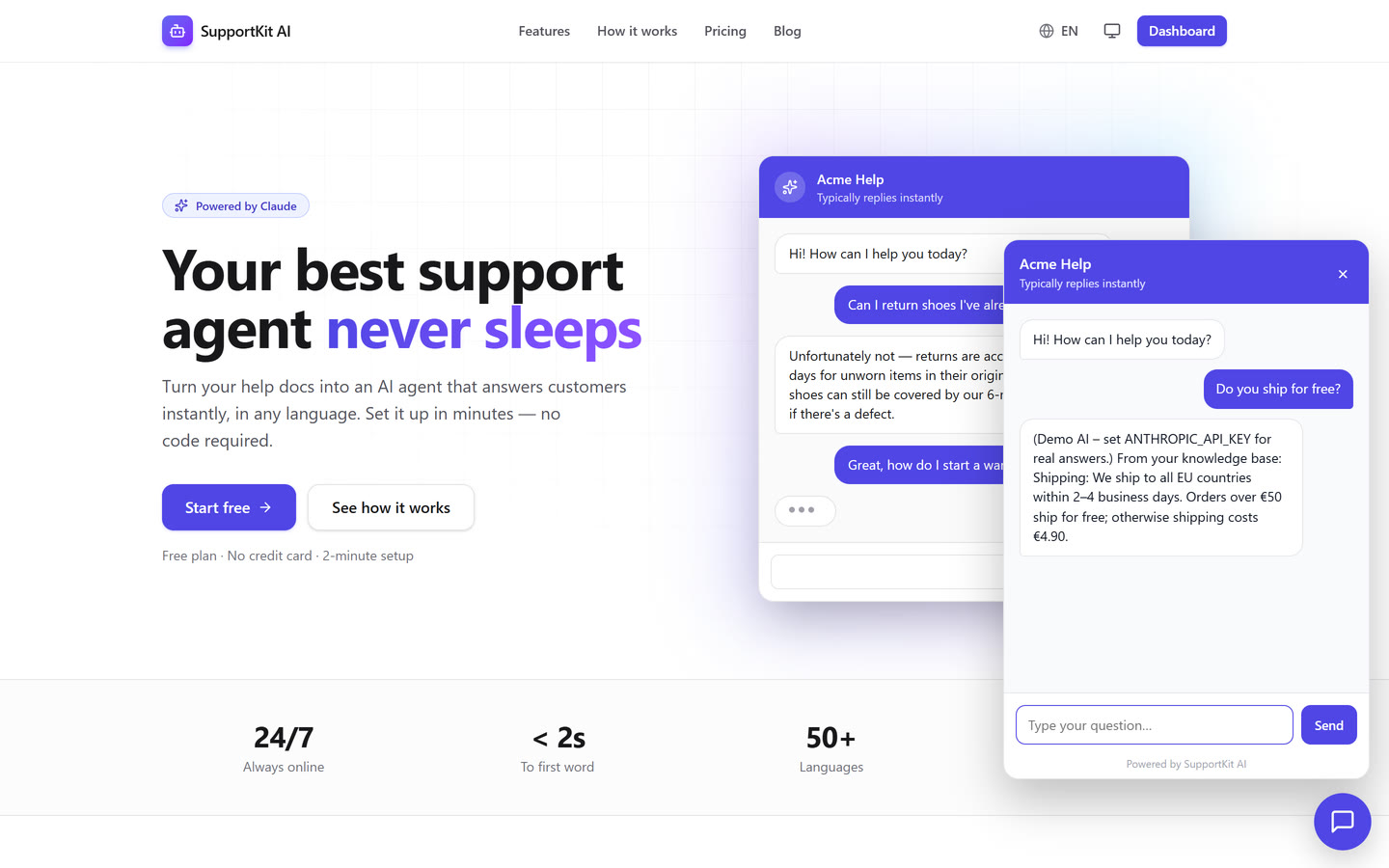 Landing page with the live AI chat widget answering