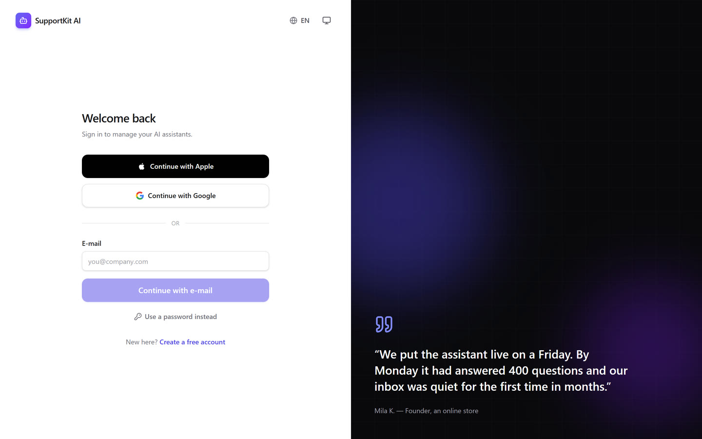 Sign-in page with Apple, Google and e-mail