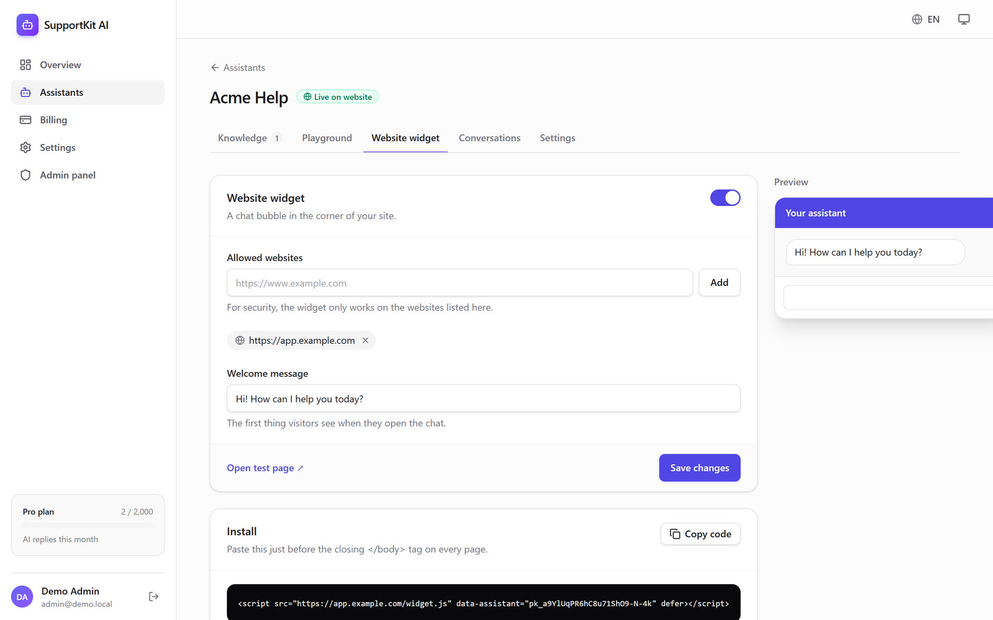 Widget settings with embed code