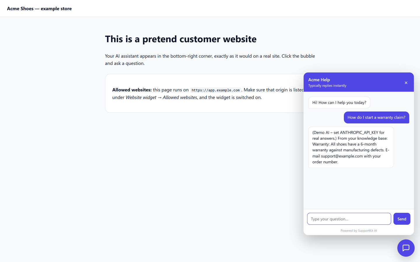 The chat widget embedded on a sample customer website